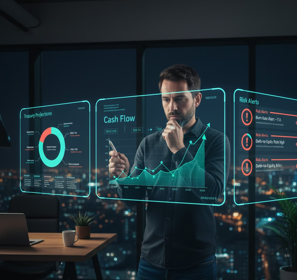 Fundador de startup tecnológica revisando dashboards financieros en múltiples pantallas con gráficos de flujo de caja, proyecciones de tesorería y alertas de riesgo en un ambiente de oficina moderna