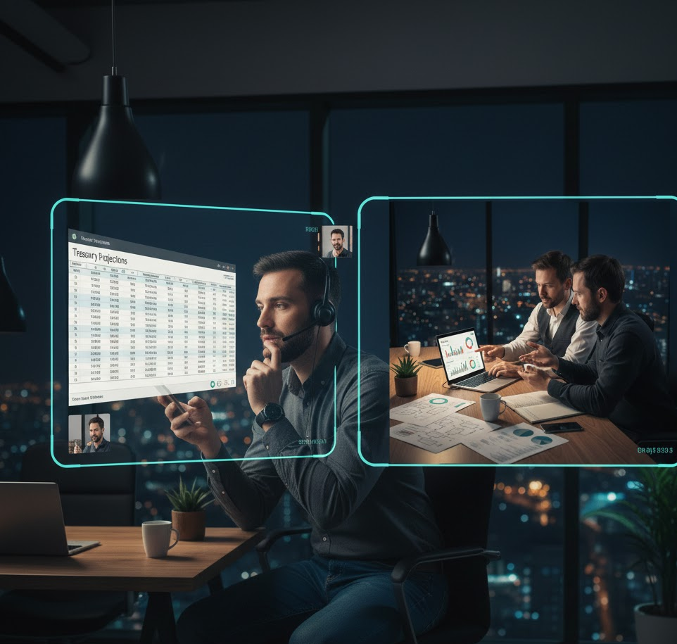 Sesión online de consultoría financiera con fundador de startup compartiendo pantalla mostrando hojas de cálculo de proyecciones de tesorería mientras el consultor toma notas en una tableta digital