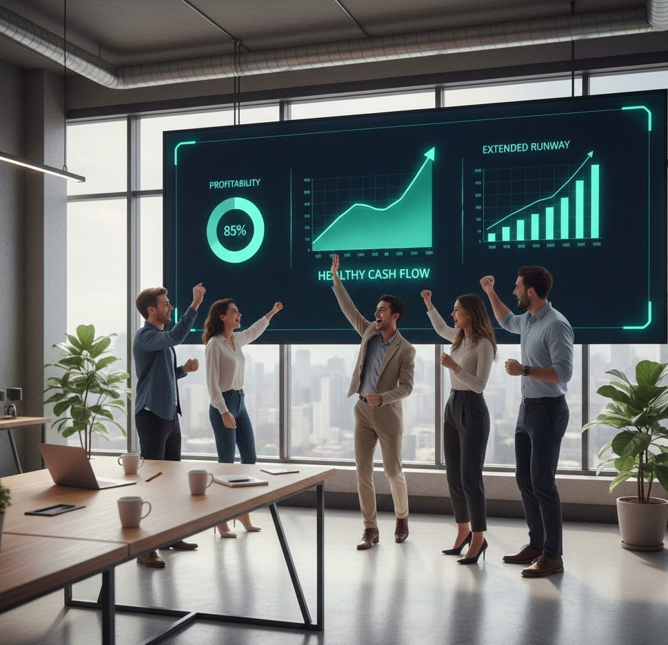 Equipo de startup celebrando mientras revisan métricas positivas en pantalla grande mostrando gráficos ascendentes de cash flow saludable y runway extendido en oficina moderna con luz natural
