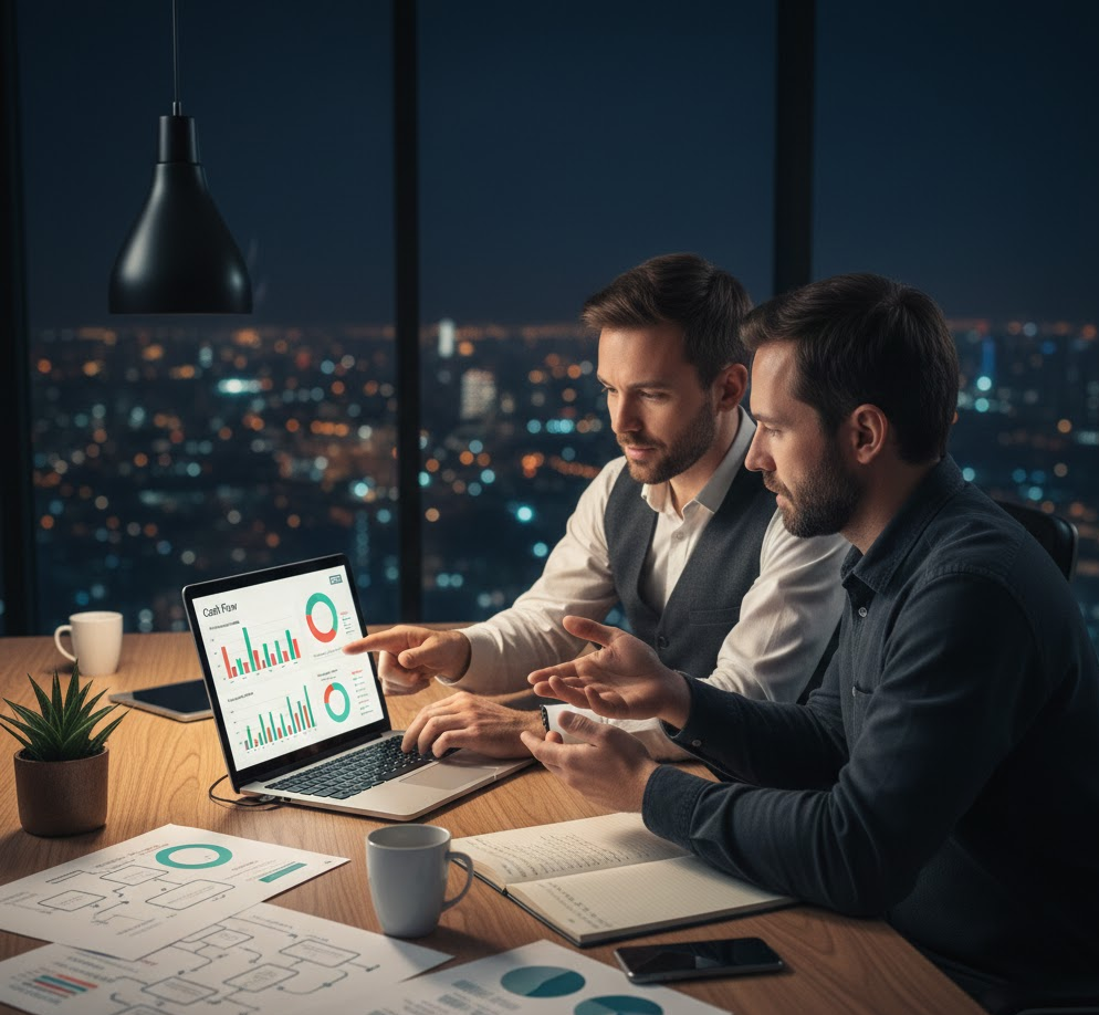 Consultor financiero trabajando junto a fundador de startup configurando sistema de tesorería en laptop, con pantalla mostrando dashboard de cash flow personalizado y documentos de flujo de procesos sobre mesa